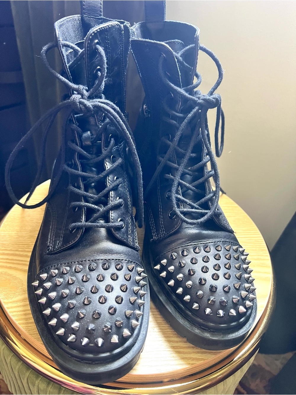 Black Studded Leather Combat Boots - Women